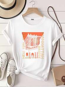 Women's Printed T-Shirt ESPIONAGE BLACK MANHATTAN PRINT T393 TEE SHIRT 2XL3XL4XL5XL6XL7XL8XL Vintage Wash Streetwear Light Breathable Stretchable - White - View 1