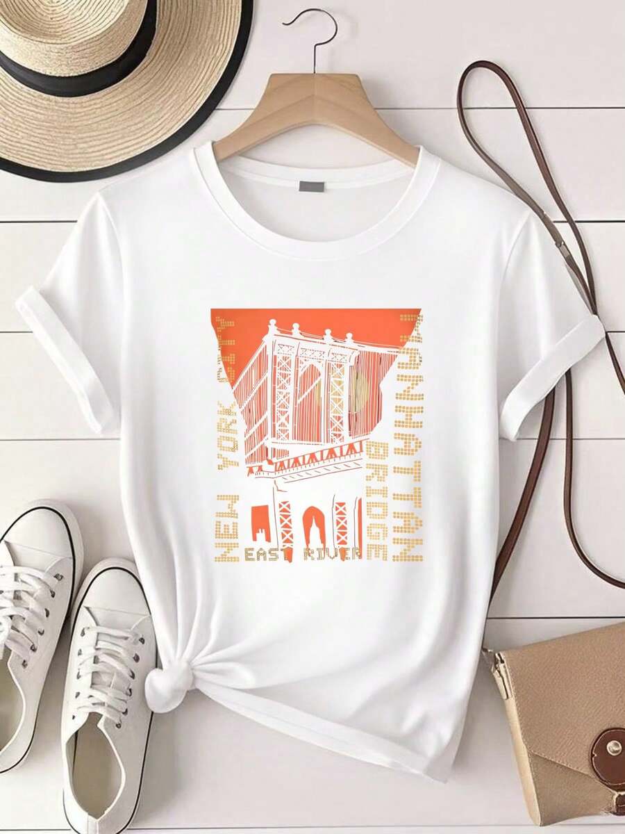 Women's Printed T-Shirt ESPIONAGE BLACK MANHATTAN PRINT T393 TEE SHIRT 2XL3XL4XL5XL6XL7XL8XL Vintage Wash Streetwear Light Breathable Stretchable - White - View 1