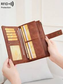 CHARM INFINITE New RFID Anti-Theft Vintage Women's Wallet, Colorblock Buckle Double Zipper Multifunctional Clutch, Multi-Card Slot Trifold Long Wallet With Wrist Strap - White - View 7