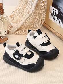 1 Pair Cute Bear Baby Walking Shoes, Black & White Color Block Soft Sole Anti-Slip Hook & Loop Functional Shoes, Suitable For Spring & Autumn - Black - View 7