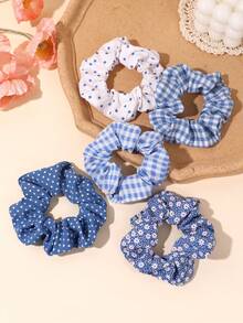 5 PIEZAS Elásticos para el cabello con estampado floral azul, coleteros de moda para niñas, estilo de academia a cuadros, adecuados para uso diario en todas las estaciones, accesorios para el cabello de adolescentes, regalo para niñas, escuela - Multicolor - Ver 2