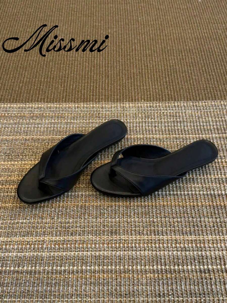 2025 New Premium European And American Style Rivet Toe-Clip Suede Flip Flop High Heel Sandals For Women, Summer Outdoor Wear,Kitten Heels - Black - View 1