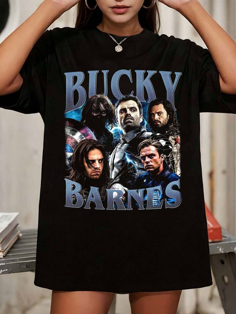 Bucky Barnes Sebastian Stan Vintage T-Shirt Unisex Tee, Oversized Washed Tee.Jpg - Black - View 1