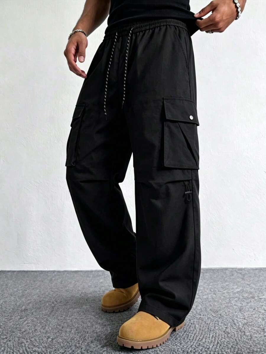 男士春秋戶外街頭風多口袋工裝長褲,休閒時尚運動長褲 - 黑色 - 查看 1