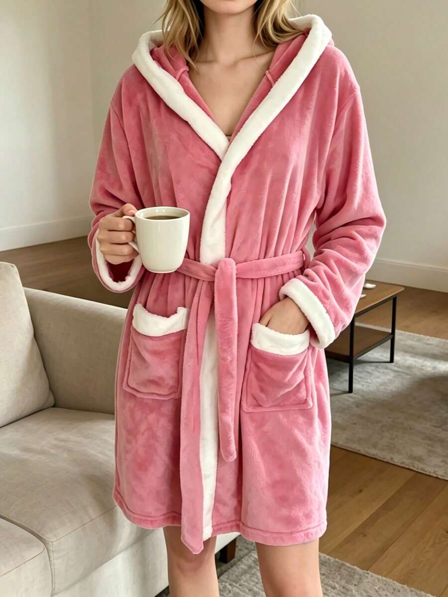 1pc Autumn/Winter Plush Belted Hooded Robe Loungewear - Pink - View 1