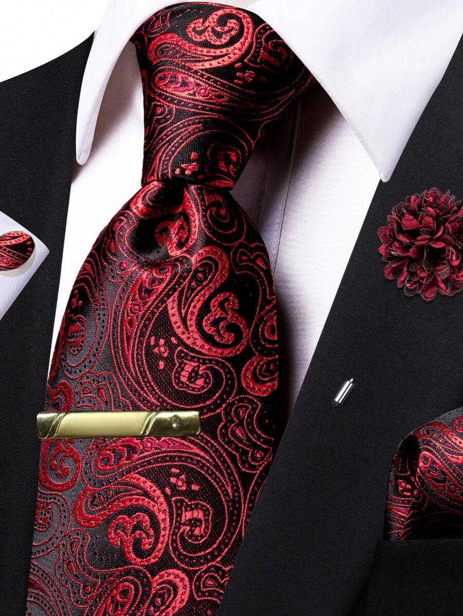 5pcs Men's Red Paisley Pattern Tie Set, Complete Accessories, Suit Matching, Suitable For Weddings, Events And Gifts - Red - View 1