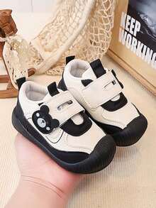 1 Pair Cute Bear Baby Walking Shoes, Black & White Color Block Soft Sole Anti-Slip Hook & Loop Functional Shoes, Suitable For Spring & Autumn - Black - View 5