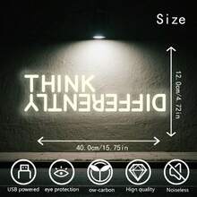 1pc Warm White LED Neon Light "Think Differently", USB Powered Plastic Wall Mount, Button Control | Suitable For Home, Factory Direct, Customizable, Low Voltage , Glass Sticker Accessory, Unbreakable Base, No Overheating - 暖白光 - 查看 2