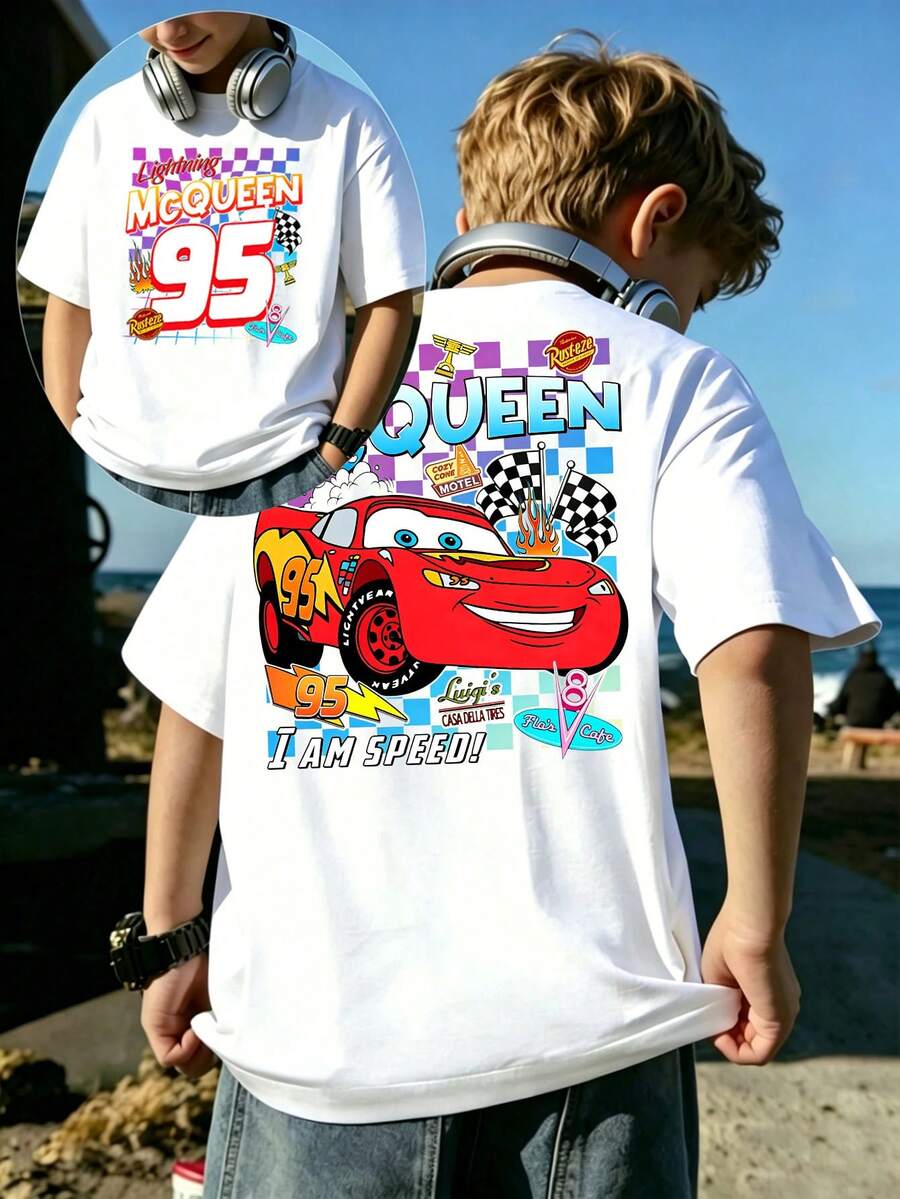 Disney Cars Lightning McQueen Print Summer Tops,Boy Clothes For Kids,Boys Summer Outfits,Ropa Para Niños,Graphic Tees Teen Boys,Summer Clothes - 白色 - 查看 1