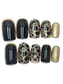 24Pcs Black Leopard Pattern Gold Square Nails + Jelly Gel + Nail File Set Press On Nails Nail Supplies Nails - 咖啡棕 - 查看 2