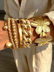 Juego de 6 pulseras anchas y gruesas exageradas de cadena cubana de metal pulido, diseño minimalista elegante y exquisito con capas, estilo vintage, con cinta geométrica, flor, cuentas y diseño asimétrico, banda lisa CCB, para uso diario, citas, fiestas, vacaciones y regalo personalizado - Amarillo Oro - Ver 3