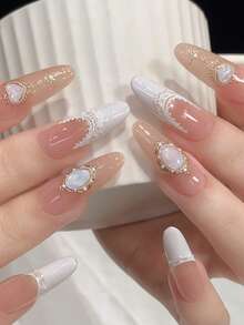 Autocollants pour ongles d'été avec motif de dentelle vintage baroque en relief, décoration d'ongles minimaliste avec cœur français et gemme - Multicolore - Voir 5