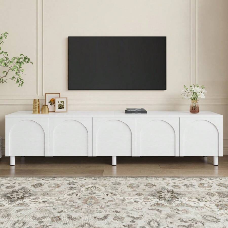 Lowboard TV Stand For Living Room / Modern TV Cabinet With 5 Doors / Arched Door Design / Ample Storage Space / Metal Feet / Suitable For The Living Room - 白色 - 查看 1