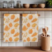 2 pièces Serviettes de cuisine Imprimé feuilles d'automne tombées en microfibre, Style aquarelle 40*60cm Chiffon rectangulaire, Nappe, Serviette de main, Décoration de cuisine, Cadeau de pendaison de crémaillère pour les voisins, Serviettes de cuisine et chiffon, Décoration de la maison - Roux - Voir 1