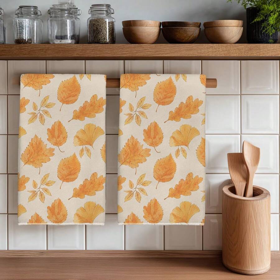 2 pièces Serviettes de cuisine Imprimé feuilles d'automne tombées en microfibre, Style aquarelle 40*60cm Chiffon rectangulaire, Nappe, Serviette de main, Décoration de cuisine, Cadeau de pendaison de crémaillère pour les voisins, Serviettes de cuisine et chiffon, Décoration de la maison - Roux - Voir 1