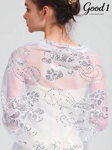 1pc Embroidered Beaded Floral Shawl, Elegant Solid Color Party Shawl, Luxurious Sequin Tassel Shawl, Handmade - Multicolor - View 13