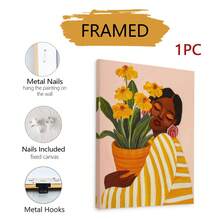 1pc Frameless Modern Floral Portrait Wall Art Decor Canvas Painting, Vibrant Female Figure With Yellow Flowers, Contemporary Home Decor - Figure - View 13