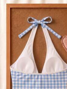 New Summer Fresh Sweet Cute Style Blue And White Plaid Halter Neck Bikini Set For Beach Vacation And Casual Wear - Multicolor - View 6