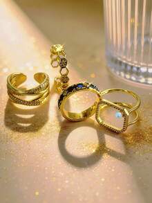4 Buah Cincin Wanita Emas Berbentuk Persegi Geometris dengan Mutiara & Enamel Biru – Minimalis, Kilauan CZ yang Dapat Disesuaikan, Dapat Ditumpuk/Sendiri, Hadiah/Sehari-hari, Perhiasan Liburan Musim Panas yang Menarik - Emas - View 2