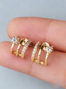 ConiiW Une paire de boucles d'oreilles géométriques semi-ouvertes à trois brins en argent sterling 925 avec moissanite, unisexes, parfaites comme cadeau pour votre petite amie, pour les fêtes ou les rendez-vous - Doré - Voir 3