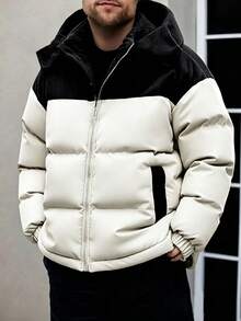 1pc Men's Winter Hooded Padded Coat, Standard Fit Corduroy Patchwork Casual Warm Coat - Beige - View 2