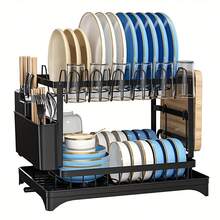 2 Tier Dish Rack Plate Cup Drying Drainer Storage Drip Tray Cutlery Holder Home Kitchen Organizer Carbon Steel - Black - View 5