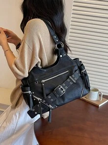 1件復古PU多功能托特包,大容量,多金屬拉鍊口袋,交叉肩帶鉚釘裝飾,雙短手柄,附細PU斜跨肩帶,街頭風通勤大容量單肩包 #復古PU多功能托特包 #多拉鍊口袋斜跨包 街頭風大容量單肩包 - 黑色 - 查看 7