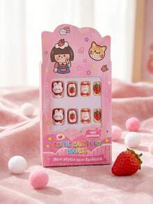 24pcs Kids Girls Press-On Short Artificial Nails, Cute Strawberry & Rabbit Pattern Design Pre-Glued Full Coverage Acrylic Nail Tips Set, Suitable For Children Girls Nail Decoration (Strawberry Girl) - Multicolor - View 5