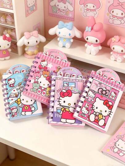 Sanrio 貓咪造型蝴蝶結螺旋筆記本－可撕頁封面、活頁筆記本、便攜手帳、計畫本，Kitty、My Melody、Pudding Dog、Kuromi、Pochacco、Buneary... 隨機角色款式，適合辦公、學習、手帳、日記、送禮、工作記錄，隨機螺旋顏色封面設計，裝訂良好、書寫順暢，日記本、辦公專業人士必備、女性禮物