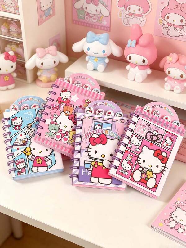 Cuaderno Espiral con Forma de Gato y Lazo de Sanrio - Portada con Páginas Desprendibles, Cuaderno de Hojas Sueltas, Diario Portátil, Planificador, Kitty, My Melody, Pudding Dog, Kuromi, Pochacco, , , Buneary... Estilos de Personajes Aleatorios Adecuados para Oficina, Estudio, Escritura de Diario, Diario, Regalo, Registros de Trabajo, Diseño de Portada Espiral de Color Aleatorio, Encuadernado, Escritura Suave, Diario, Esencial para Profesionales de Oficina, Regalo para Mujeres, Regalo Femenino