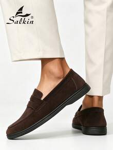 Salkin 經典設計師男士莫卡辛純色麂皮套腳便士樂福鞋，柔軟皮革紳士商務社交鞋，男士日常辦公派對休閒鞋，情侶約會浪漫晚餐開學季學生校園風，請選擇大一號 - 咖啡棕 - 查看 8