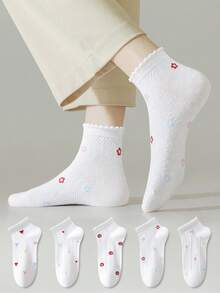 ZUJO 5 pares de calcetines cortos de mujer con volantes, patrón de dibujos animados de estrella y lazo, lindos y dulces, suaves y transpirables, adecuados para uso diario en primavera, otoño y verano - Multicolor - Ver 1