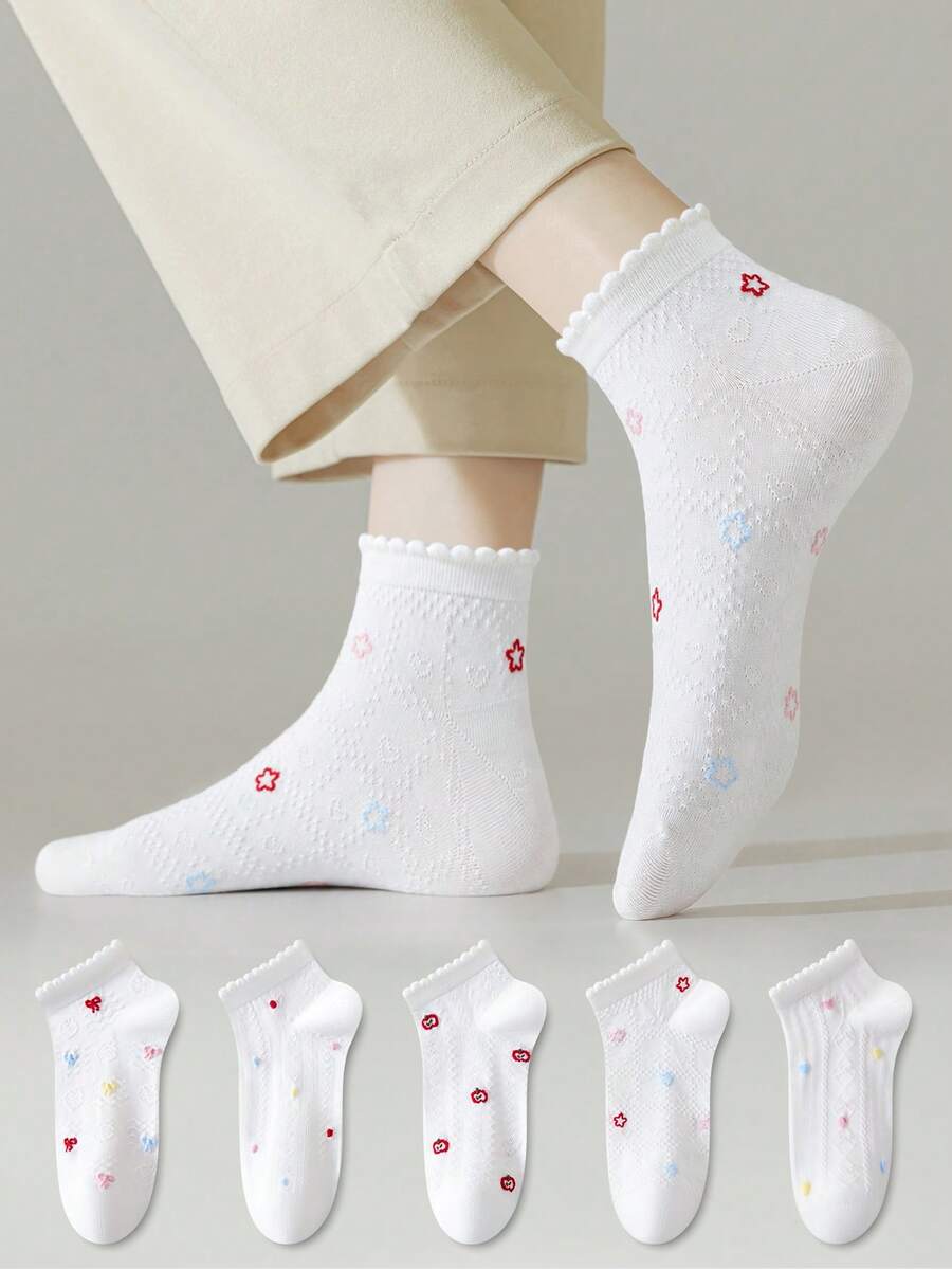 ZUJO 5 pares de calcetines cortos de mujer con volantes, patrón de dibujos animados de estrella y lazo, lindos y dulces, suaves y transpirables, adecuados para uso diario en primavera, otoño y verano - Multicolor - Ver 1
