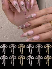10Pcs Bow Nail Charms, Gold & Silver Tone Alloy Rhinestone Bow Nail Art Decorations, Luxury 3D Bow Nail Accessories For DIY Manicure & Press On Nails - Multicolor - View 7