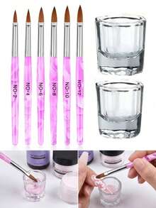 Acrylic Nail Brush And Dipping Powder Dish Set, 6pcs Nail Art Pens And 2pcs Crystal Dipping Powder Dishes, Nail Art Bowl Cup Glass Container, Acrylic Liquid Nail Tool Set - Multicolor - View 1