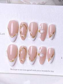 10pcs Handmade Press-On Nails Short Almond Shape French Manicure Nail Tips Gold Pink White Cute Elegant Luxury Style Hand-Painted White Three-Petal Flower And Asymmetrical Metallic French Edge - Watermelon Pink - View 2