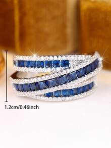 1 pieza Anillo de mujer con diseño de arte de línea geométrica creativa y strass azul, adecuado para todas las celebraciones especiales durante todo el año, realza tu encanto - Azul - Ver 4