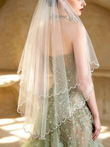 1pc Double Layer Crystal Beaded Edge Wedding Veil, Heavy Work Bridal Short Veil, High Quality Soft Tulle - Multicolor - View 3