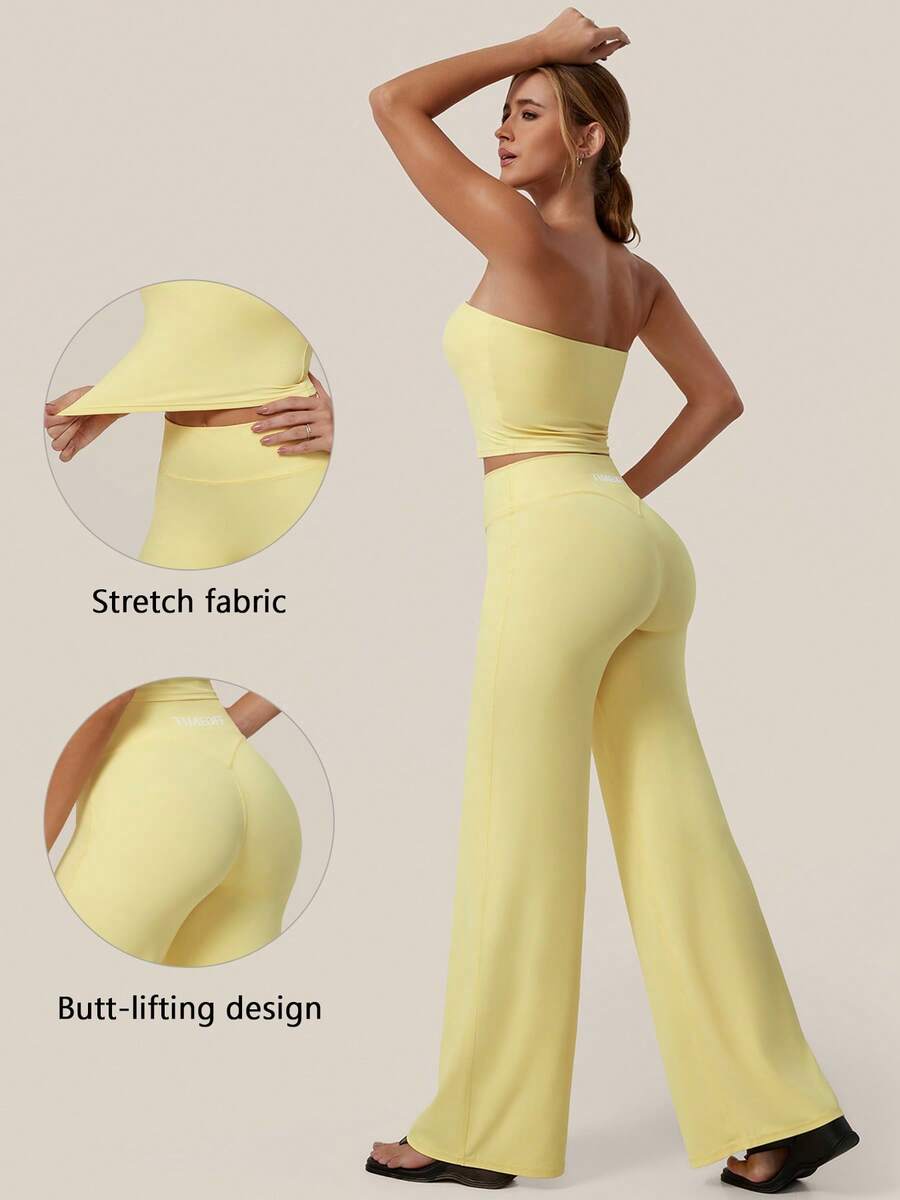 TimeOff Women's One Set Solid Color Removable Padded Strapless Bandeau Top High Waist Wide Leg Pants Sports Set - Yellow - View 1