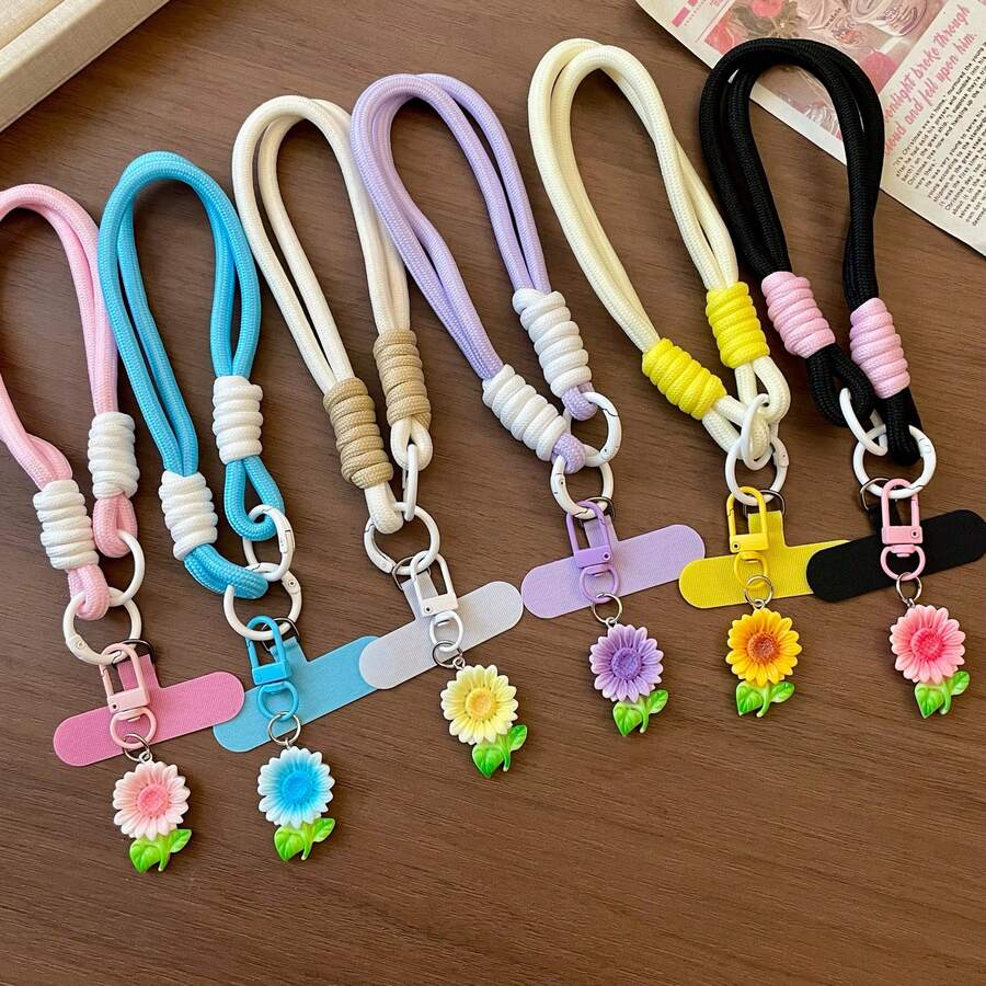 1 pieza Correa de muñeca con colgante de teléfono de girasol, pulsera de teléfono linda con cordón, correa de colgante de teléfono, adecuada para funda de teléfono universal DIY desmontable, anillo de mano portátil creativo anti-pérdida y anti-caída para hombres y mujeres