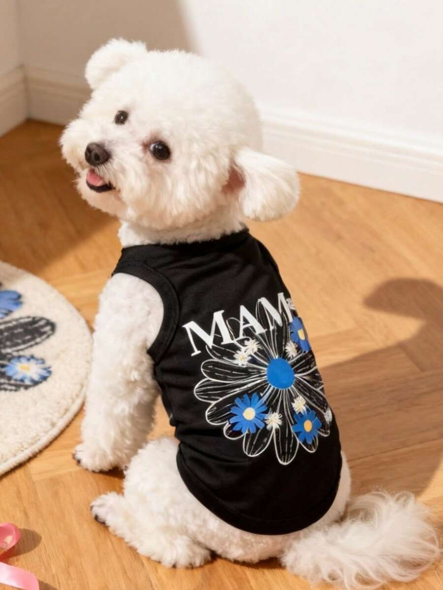 1pc Summer Floral Daisy Pattern "Mama" Letter Pet Vest, Physical Flea Repellent, Reduce Shedding, Heat Insulation & Breathable, Suitable For Small & Medium Dogs & Cats, Indoor & Outdoor Use - Black - View 1