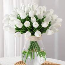 5/10/200pcs Artificial White Tulips With Green Stems, Plastic Flowers For DIY Crafts, Bridal Bouquet, Home And Tabletop Decor, Valentine's Day Gift, Non-Electric Natural-Looking Floral Decoration - White - View 1