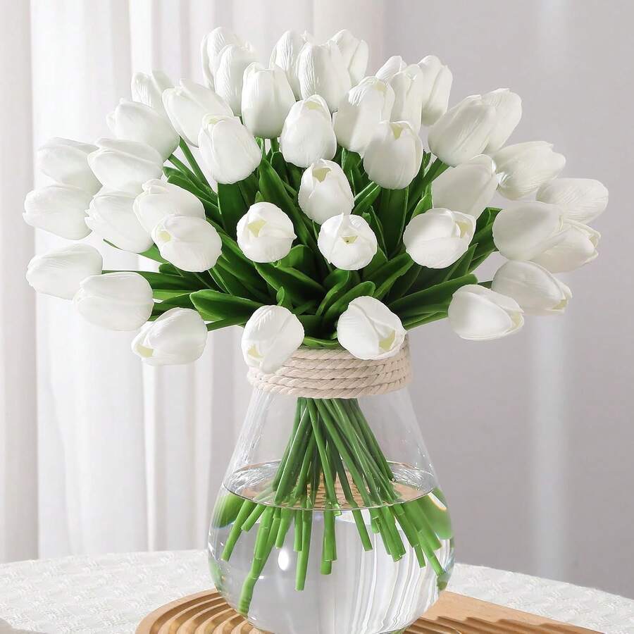 5/10/200pcs Artificial White Tulips With Green Stems, Plastic Flowers For DIY Crafts, Bridal Bouquet, Home And Tabletop Decor, Valentine's Day Gift, Non-Electric Natural-Looking Floral Decoration - White - View 1