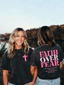 Psalm 118:6 Faith Over Fear Shirt Pink Cross Graphic Vintage Wash Christian Streetwear Church Outfit, Women Washed T-Shirt,Vacation Outfits Women - 黑色 - 查看 1