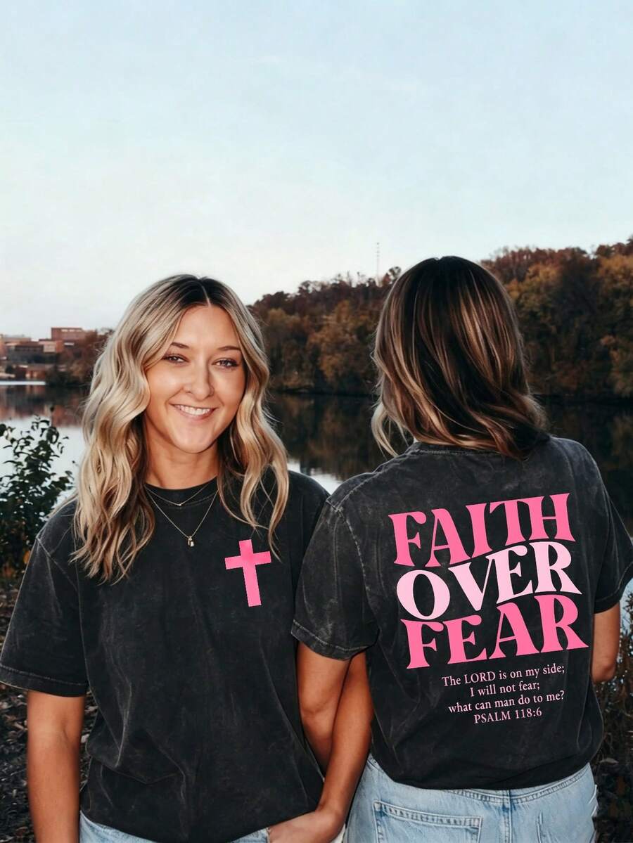 Psalm 118:6 Faith Over Fear Shirt Pink Cross Graphic Vintage Wash Christian Streetwear Church Outfit, Women Washed T-Shirt,Vacation Outfits Women - 黑色 - 查看 1