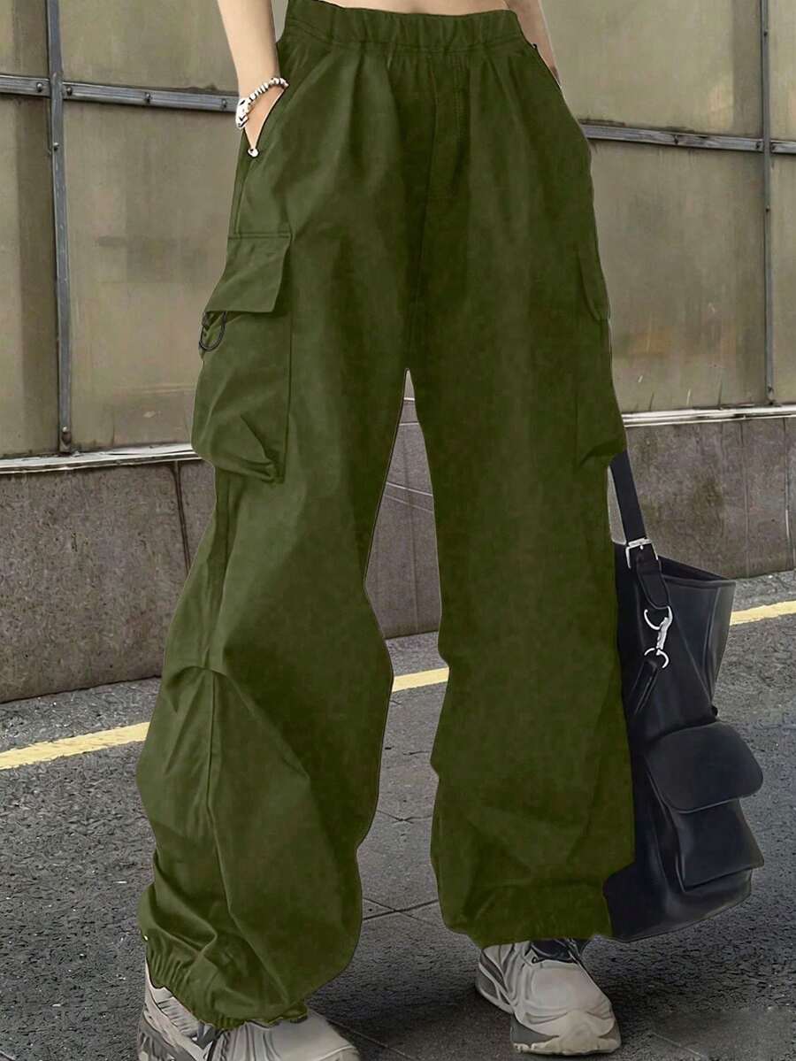 女童纯色宽松舒适休闲户外运动工装裤，春秋季款 - 軍綠色 - 查看 1