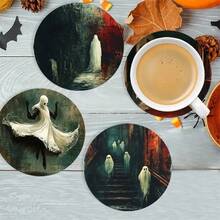6pcs PET Coasters, Halloween Elements, Ghost Pattern Design Heat-Resistant Coasters, Hand Washable, Budget-Friendly, Suitable For Event And Party Decoration, Table Centerpiece, Halloween, Christmas, Thanksgiving Holiday Decor - PET Coaster - 1822 - View 10