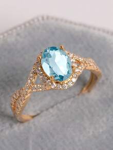 1 pieza Anillo elegante de mujer con circonita cúbica azul marino, adecuado para regalo de Día de San Valentín, Navidad, boda, compromiso, fiesta de aniversario, joyería - Dorado - Ver 1