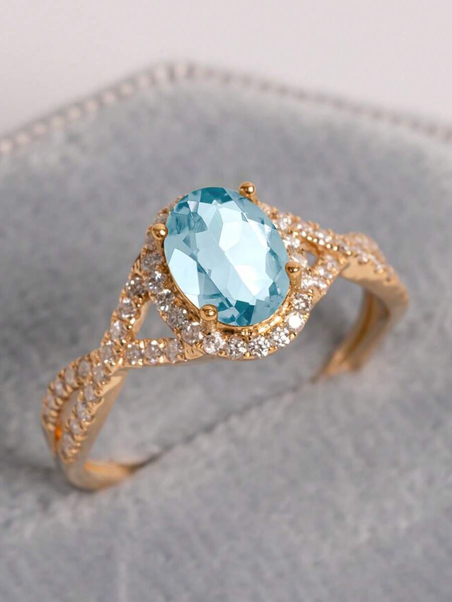 1 pieza Anillo elegante de mujer con circonita cúbica azul marino, adecuado para regalo de Día de San Valentín, Navidad, boda, compromiso, fiesta de aniversario, joyería - Dorado - Ver 1