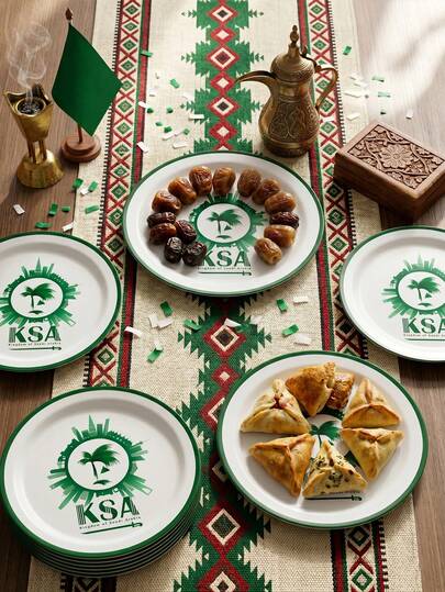 MOSXLOXY 30/10 piezas Platos de papel para el Día Nacional de Arabia Saudita, Vajilla de papel, Impresos con exquisitos patrones de estilo saudí, Adecuados para decoraciones y hospitalidad para las celebraciones del Día Nacional de Arabia Saudita, Distribución perfecta del Día Nacional Saudí, ,Verde